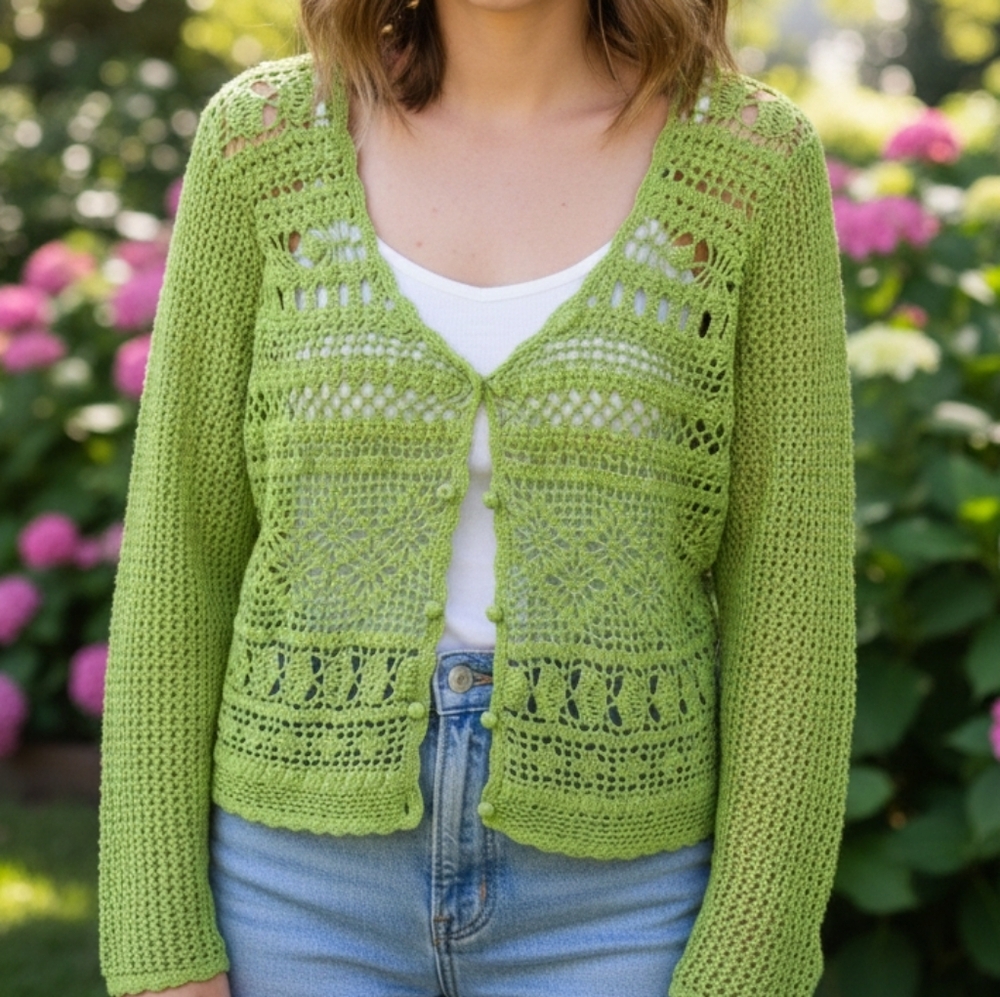 Norton McNaughton Crochet Linen-Cotton Knit Cardigan Y2K Bohemian Cottagecore